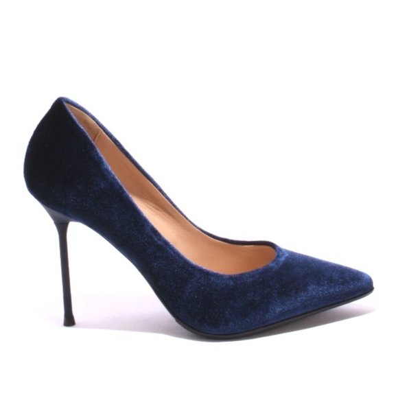 ITALIAN Navy Velour Leather Pointy Heel Pumps - Picture 3 of 8